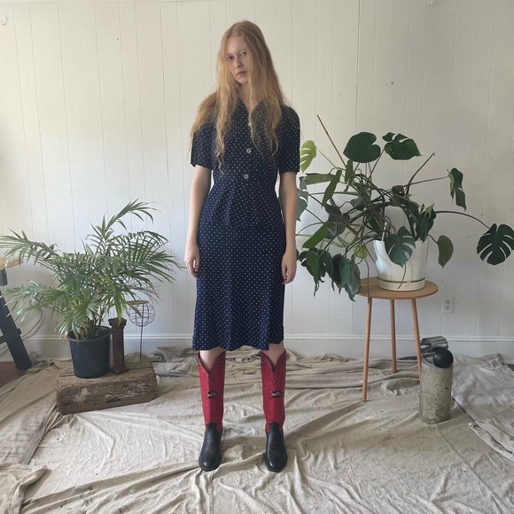 Vintage 40s navy and white polka dot rayon 1940s blouse and skirt set - Picture 12 of 12